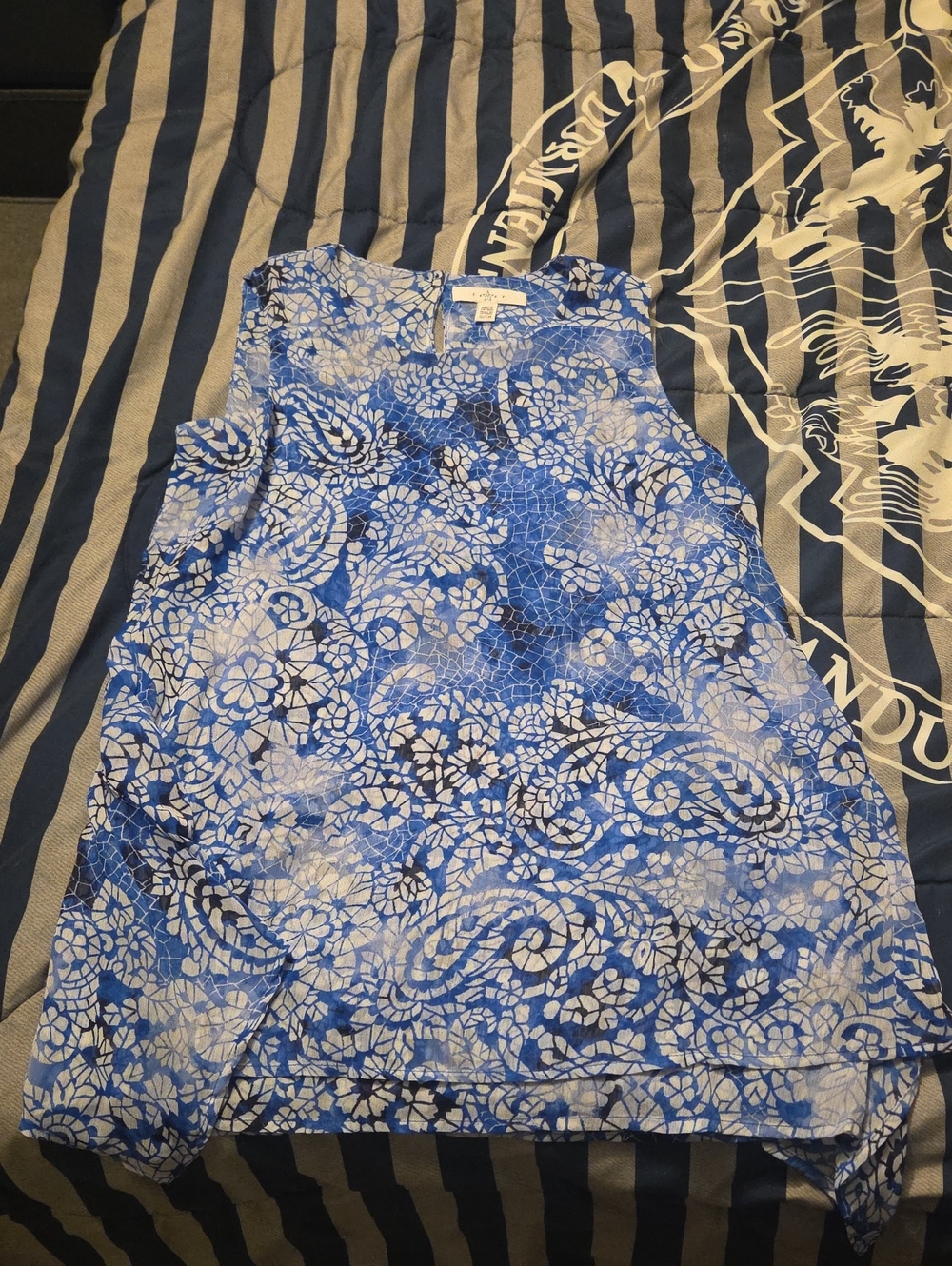 Blue Floral Print Women's Dressy Flowy Tank- Lightweight Summer Style